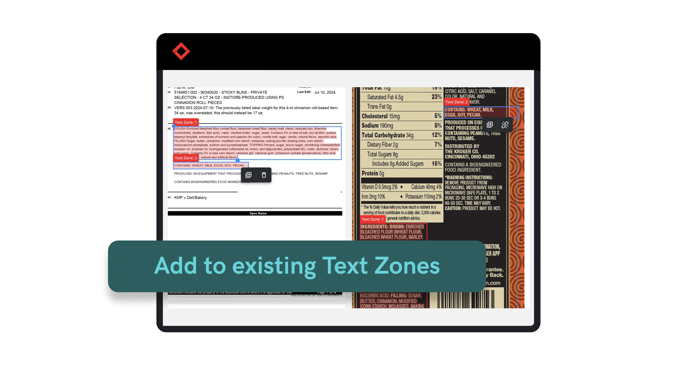 Interface showing the option to add content to existing Text Zones within a document for improved annotation and clarity.