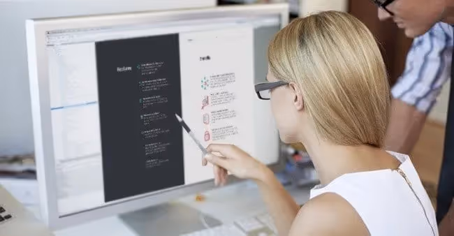 Woman and man communication about text inspection