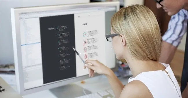 Woman and man communication about text inspection