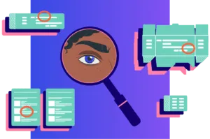 illustration of a magnifying glass with packaging inspection