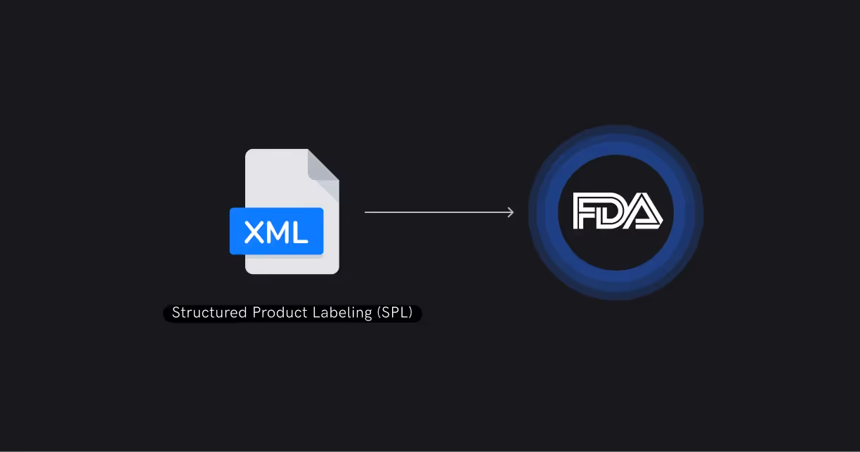 Illustration showing the submission of Structured Product Labeling (SPL) XML files to the U.S. Food and Drug Administration (FDA), representing digital pharmaceutical compliance.
