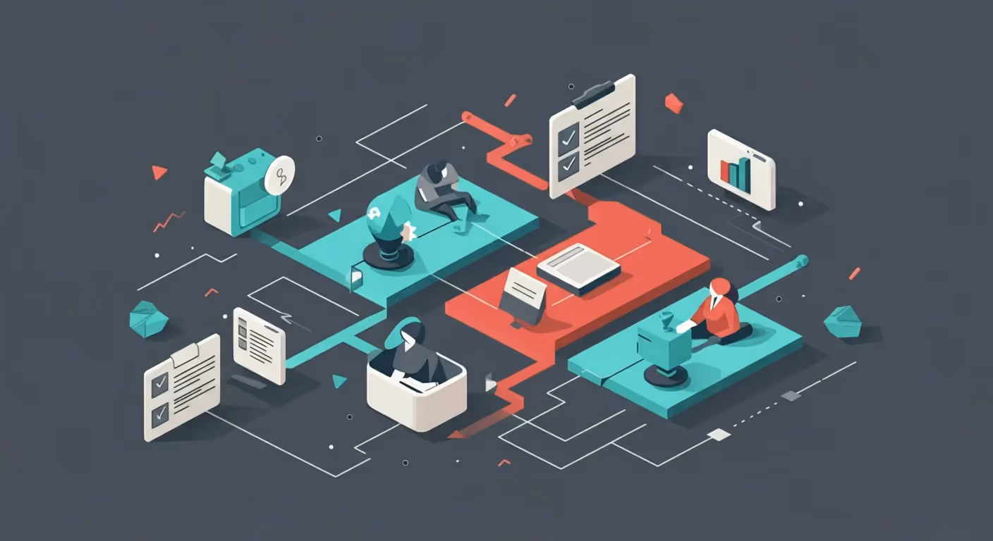 A colorful, abstract illustration of people working at computers, interacting with documents and data flow lines.