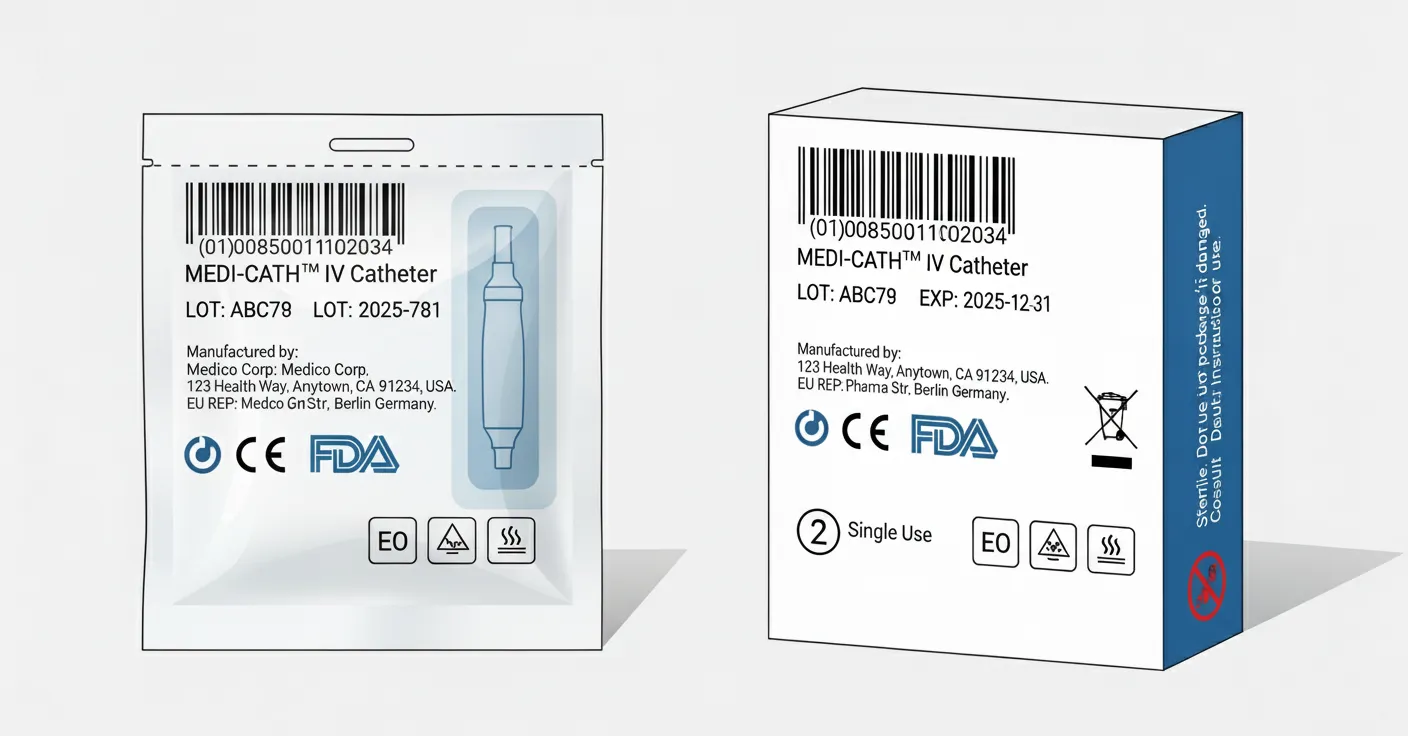 Image showing packaging of MEDI-CATH IV Catheter. The front displays barcode, brand name, manufacturing details, and logos for CE and FDA approval. The box side indicates expiration, single-use, and handling symbols, conveying a professional and sterile medical tone.