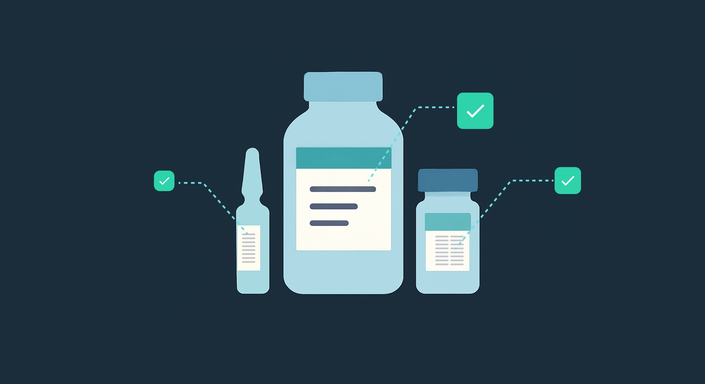 Banner with icons of drug products and a check mark indicating approval.