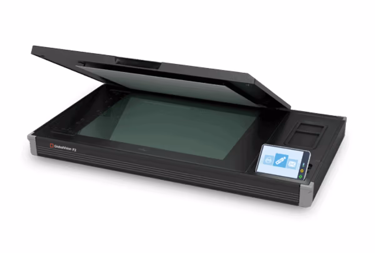 Top-down view of the Contex IQ Flex A2 scanner, featuring a flat, open scanning surface designed for flexible scanning of fragile or irregular originals.