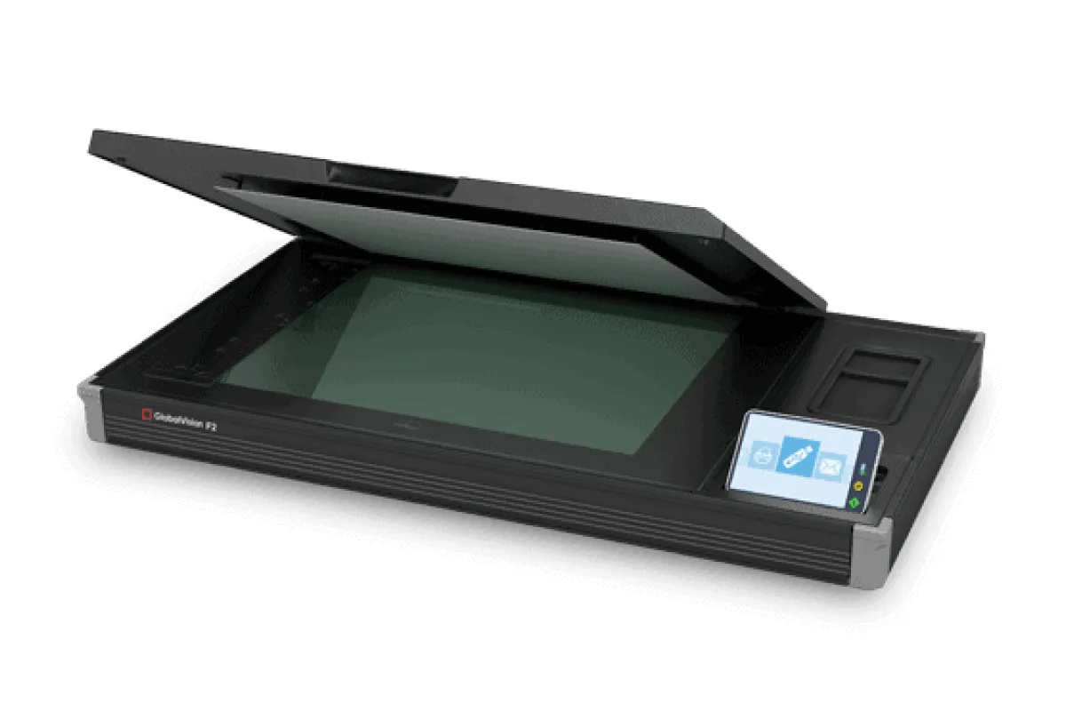 Vue de haut en bas du scanner Contex IQ Flex A2, doté d'une surface de numérisation plane et ouverte conçue pour une numérisation flexible d'originaux fragiles ou irréguliers.
