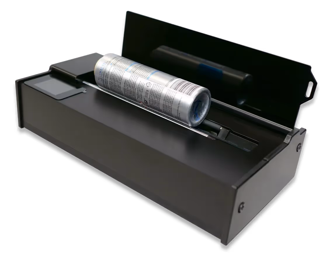 GlobalVision C8 cylindrical scanner shown scanning a product tube, designed for automated inspection of cylindrical packaging.
