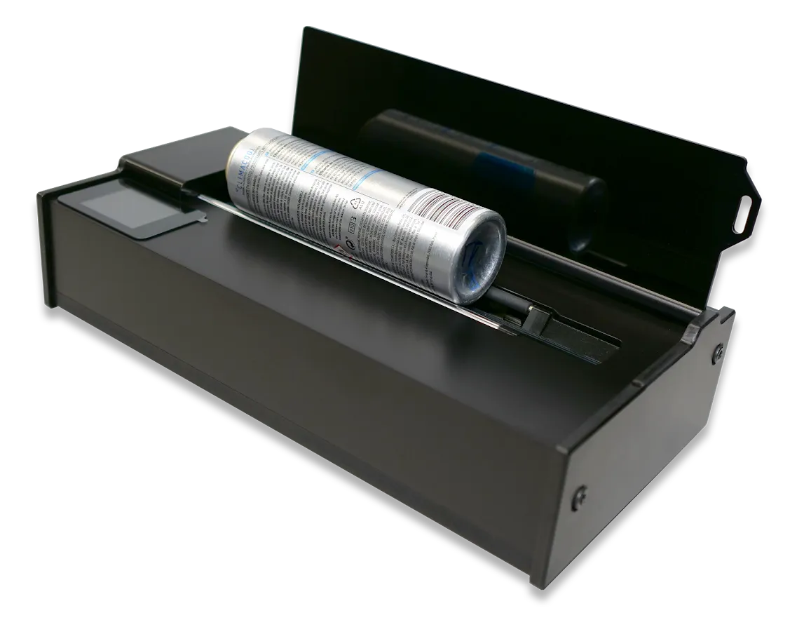GlobalVision C8 cylindrical scanner shown scanning a product tube, designed for automated inspection of cylindrical packaging.