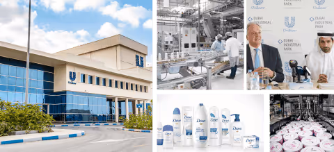 Collage of Unilever facilities, products and employees