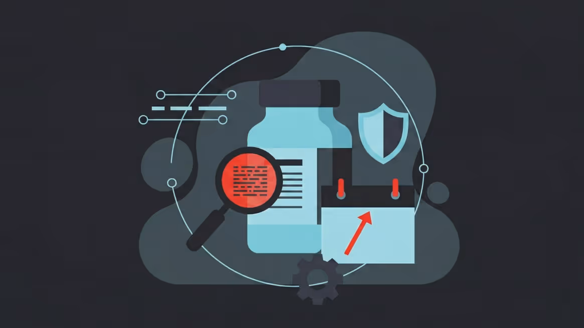 Flat illustration of a medicine bottle being inspected by a magnifying glass with red data lines, connected by network lines to a shield icon and a calendar with an upward red arrow. The colors are cyan, red, and dark gray on a dark background, symbolizing medical product regulation, quality control, and future compliance.