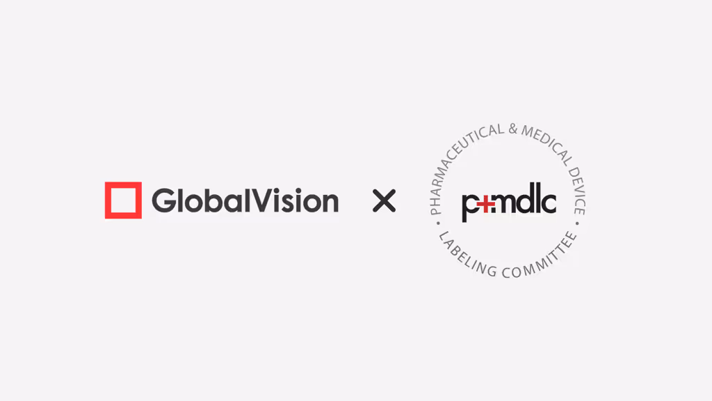 Logo GlobalVision avec un carré rouge à côté du logo circulaire du Comité d'étiquetage des produits pharmaceutiques et médicaux (P+MDLC).