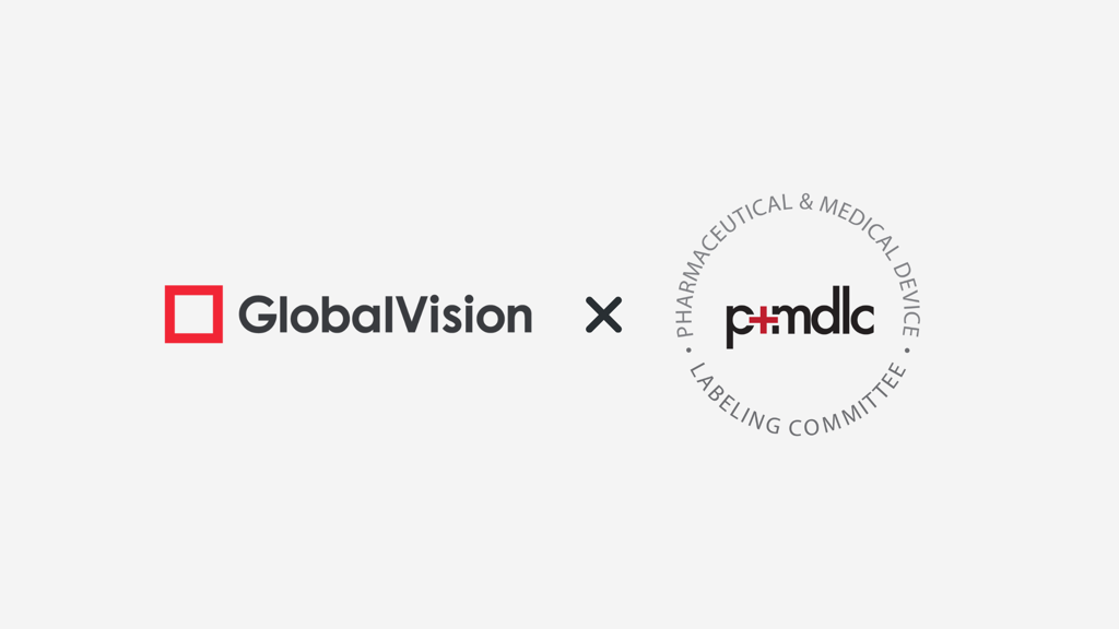 GlobalVision logo with a red square next to Pharmaceutical & Medical Device Labeling Committee (P+mdlc) circular logo.