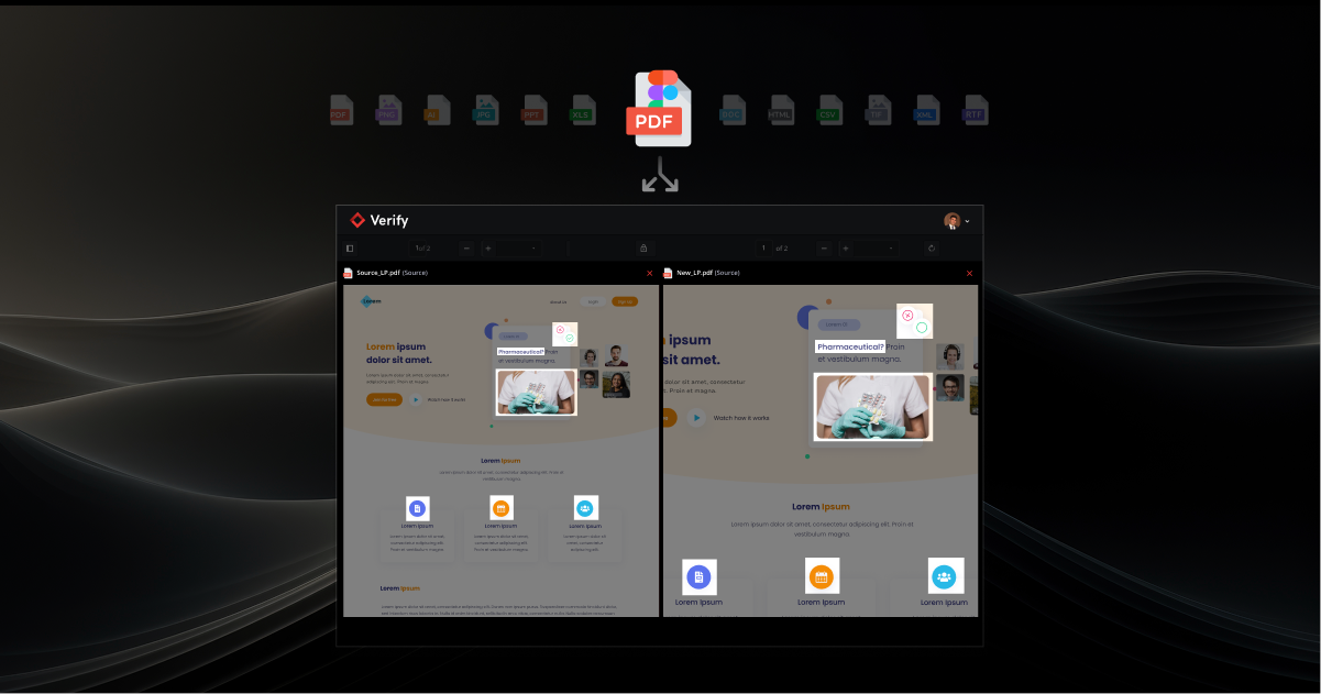 A digital interface showing side-by-side comparison of two PDF documents with highlighted text and image of a person wearing gloves handling pharmaceutical items, above icons of various file formats.