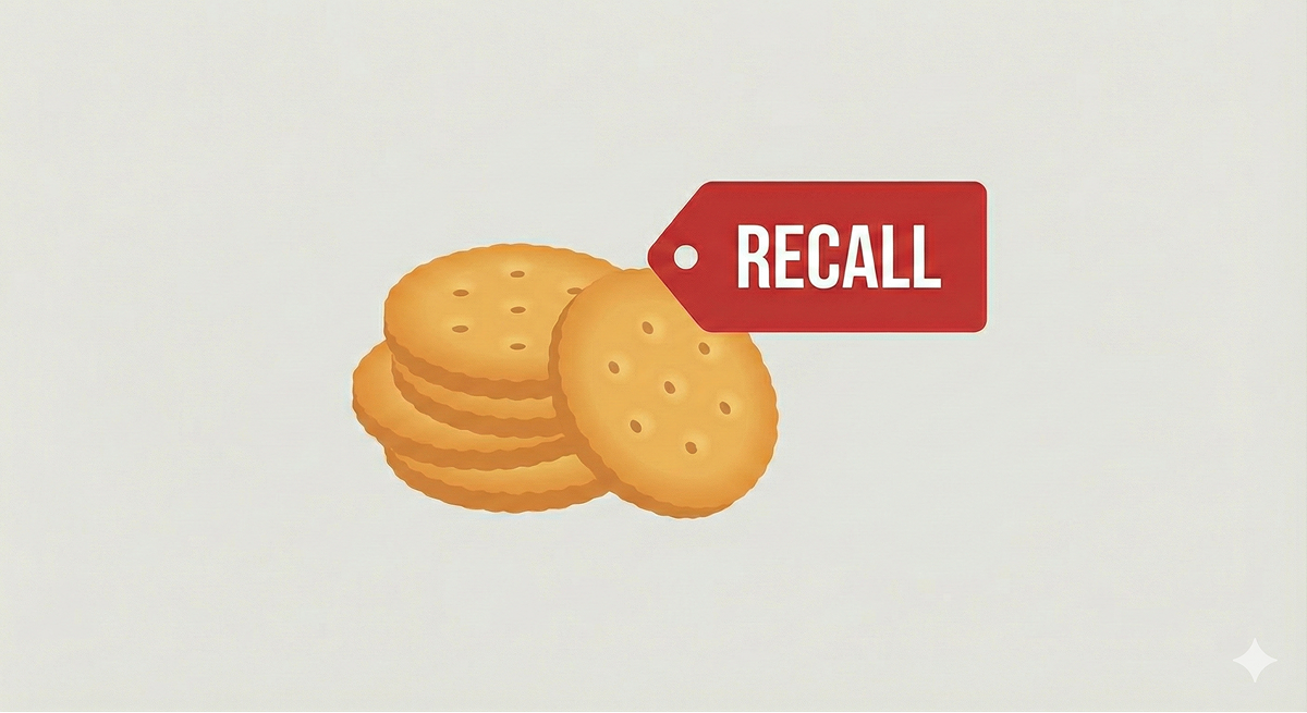 Une pile de craquelins ronds avec une étiquette rouge indiquant RECALL.