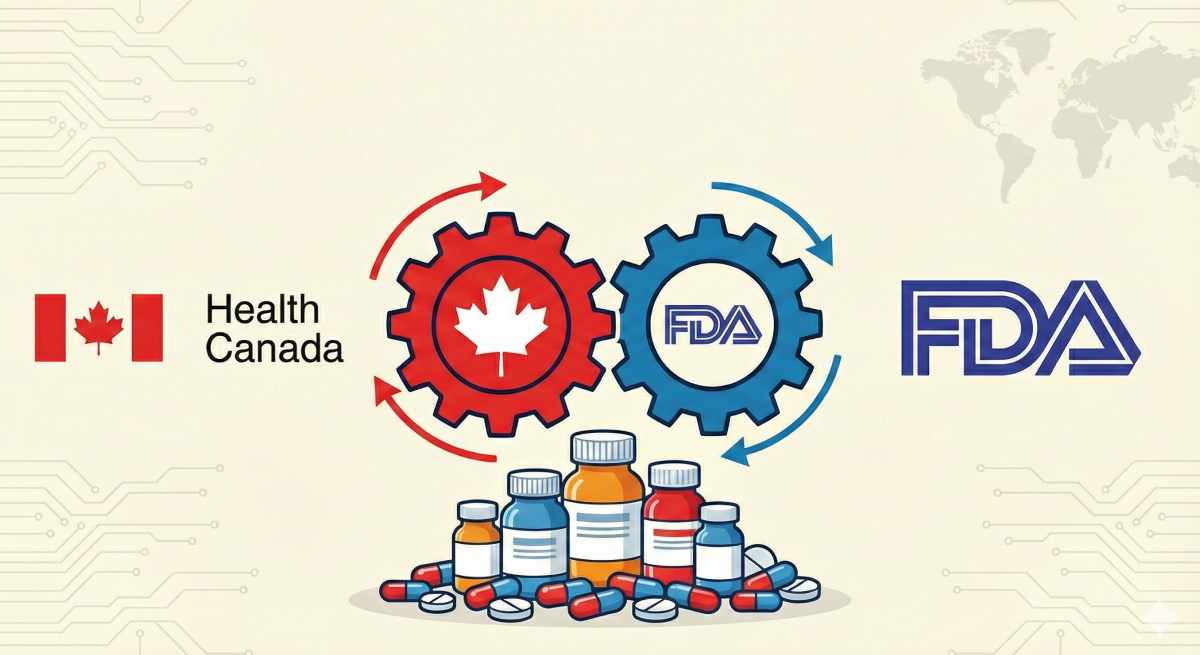 Die Abbildung zeigt ineinandergreifende rote und blaue Zahnräder mit kanadischem Ahornblatt und FDA-Logos, die die Zusammenarbeit zwischen Health Canada und der FDA mit den unten abgebildeten Arzneimittelflaschen und Pillen symbolisieren.