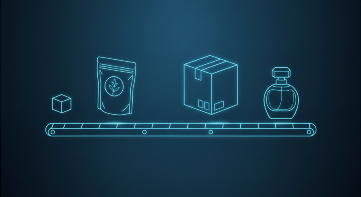 Dessin au trait bleu fluo d'un tapis roulant transportant différents types d'emballages, notamment un cube, une pochette avec un logo en forme de feuille, une boîte scellée et un flacon de parfum sur fond sombre.