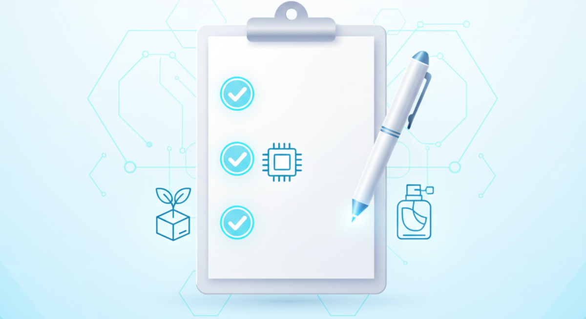 Presse-papiers avec trois coches et une icône de puce électronique, et un stylo survolant le bloc-notes, avec les icônes d'une plante dans une boîte et un flacon de parfum en arrière-plan.