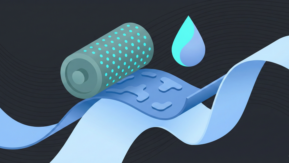 Abbildung einer blauen Druckwalze, die Farbe auf ein flexibles blaues Band aufträgt, was den Flexodruck symbolisiert.