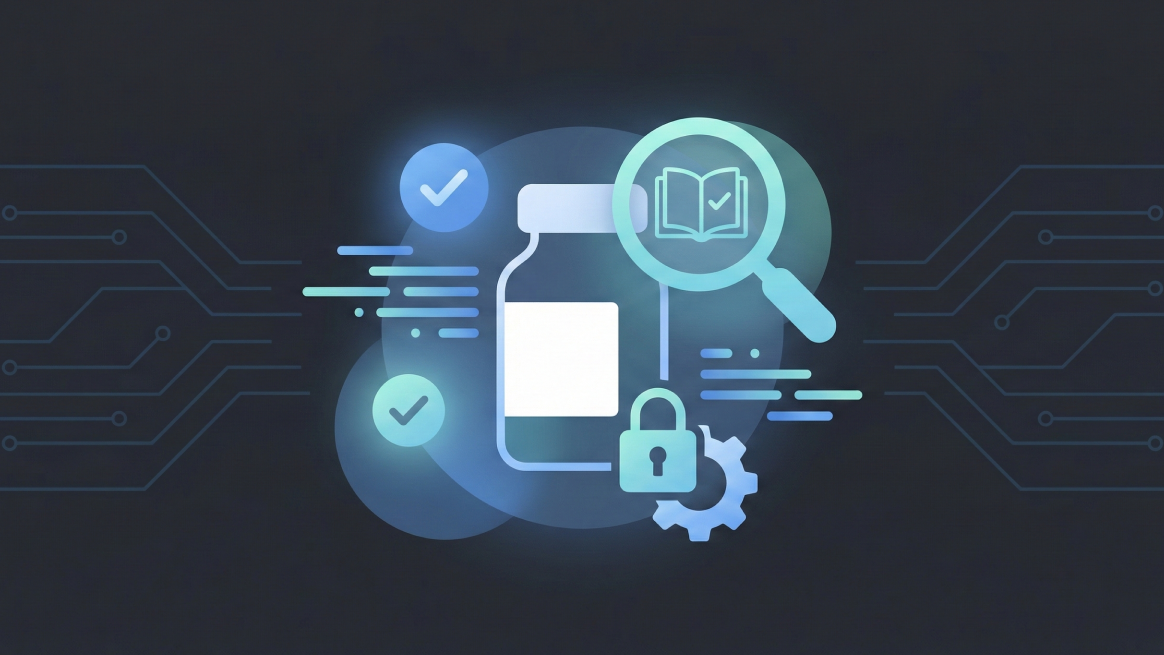 Illustration numérique d'un flacon de médicament entouré de coches, d'une loupe avec un livre et une coche, d'un cadenas et d'un engrenage sur fond sombre.