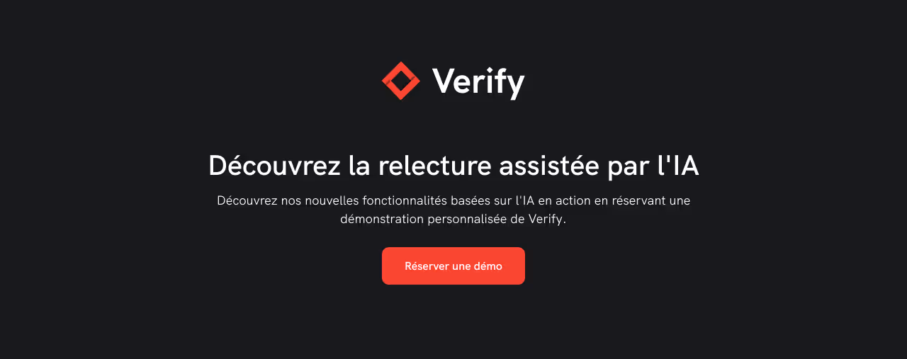 Call-to-action banner inviting users to experience AI-powered proofreading, with a button labeled 'See our new AI-powered features in action by booking a personalized Verify demo.