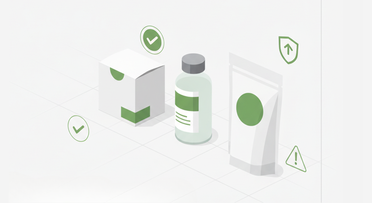 Abbildung von drei Arzneimittelpackungen mit grünen Etiketten und Symbolen, die auf Zulassung und Vorsicht hinweisen.