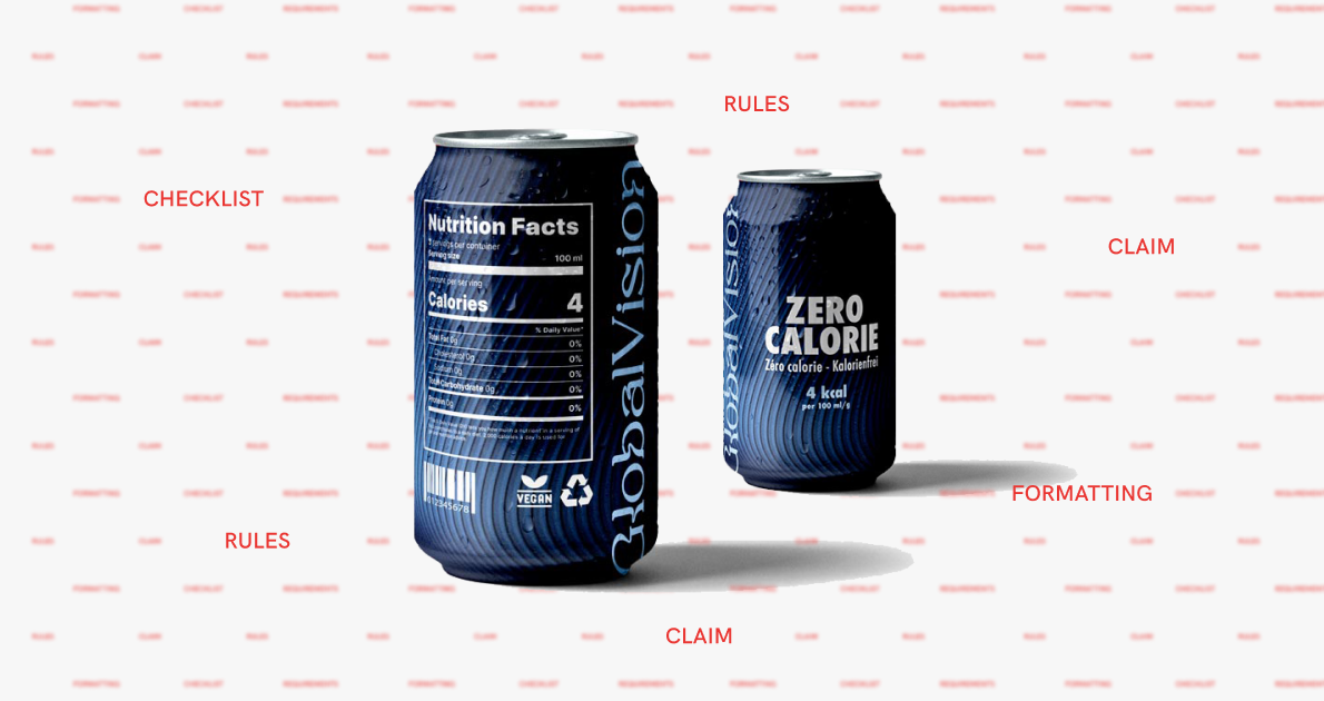 Deux canettes de boisson GlobalVision bleues avec des étiquettes nutritionnelles, l'une indiquant la valeur nutritionnelle détaillée et l'autre étiquetée Zéro calorie, entourées de textes rouges : LISTE DE CONTRÔLE, RÈGLES, ALLÉGATION, MISE EN FORME.