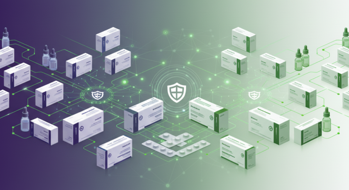 Digital illustration of medicine boxes, pill blister packs, and dropper bottles interconnected with glowing green lines and shield icons on a gradient background.