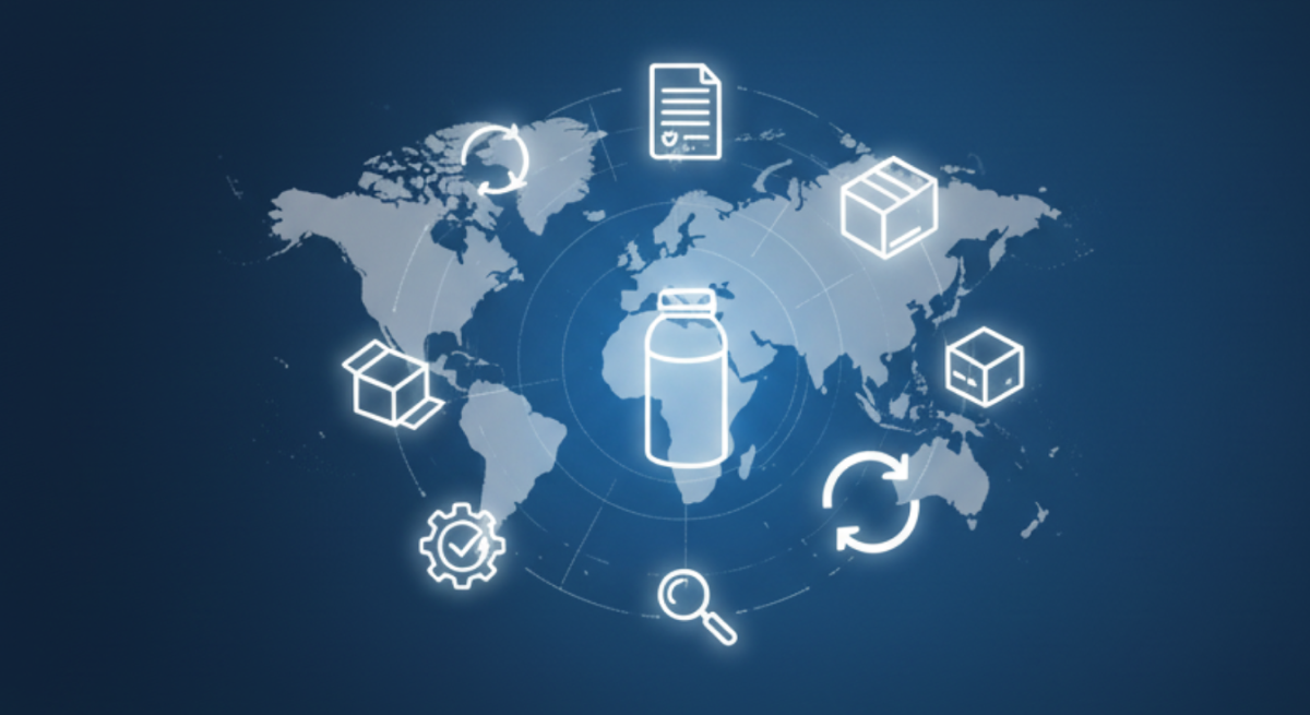 World map with icons representing packaging, compliance, document, quality check, and recycling surrounding a central bottle illustration.