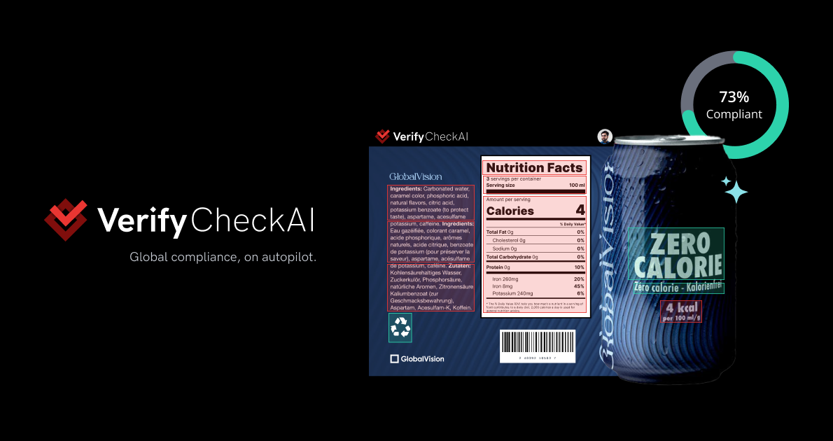 Die Analyse des VerifyCheckAI-Produktetiketts zeigt die Nährwerte für ein kalorienfreies Getränk mit 4 Kalorien pro 100 ml und einer Konformitätsbewertung von 73%.