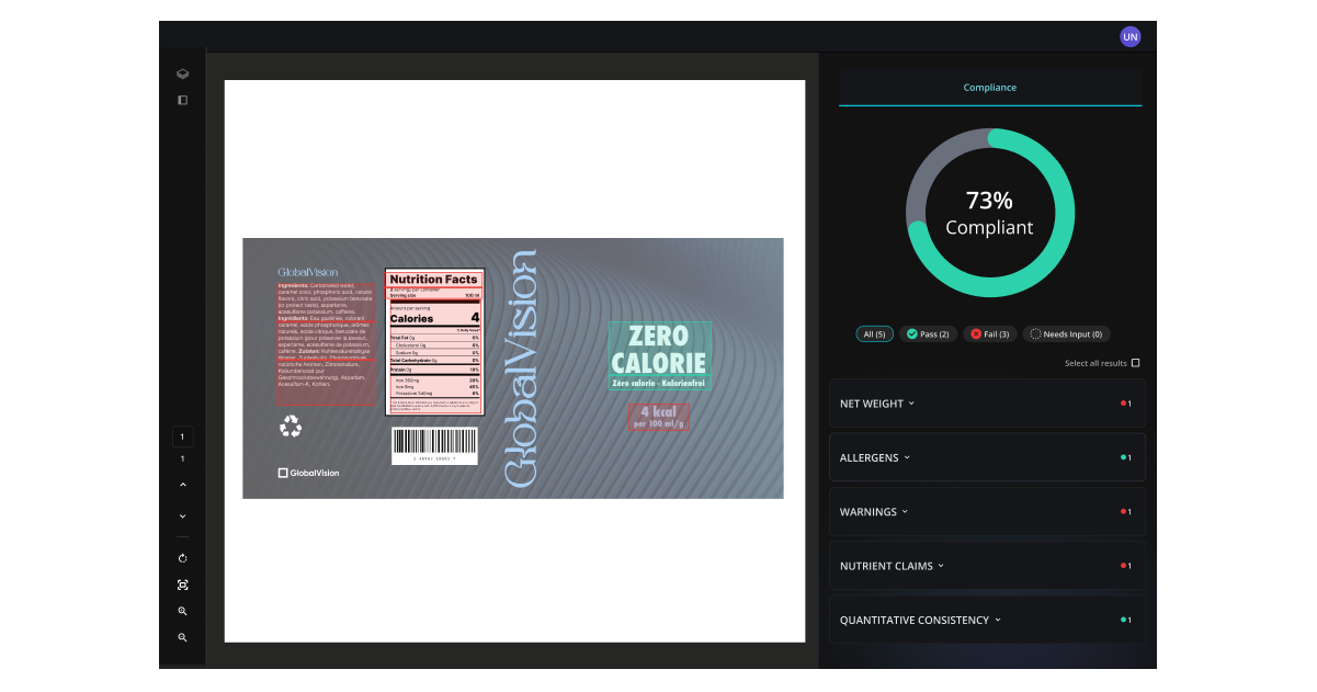 Compliance dashboard showing a product label with nutrition facts and a 73% compliance score on the right side.