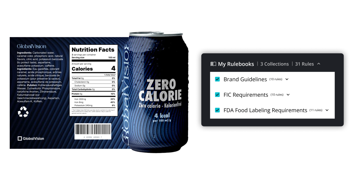 Blue can labeled GlobalVision Zero Calorie with a nutrition facts label and ingredients list in English, French, and German, alongside a digital rulebook interface showing three collections: Brand Guidelines, FIC Requirements, and FDA Food Labeling Requirements.