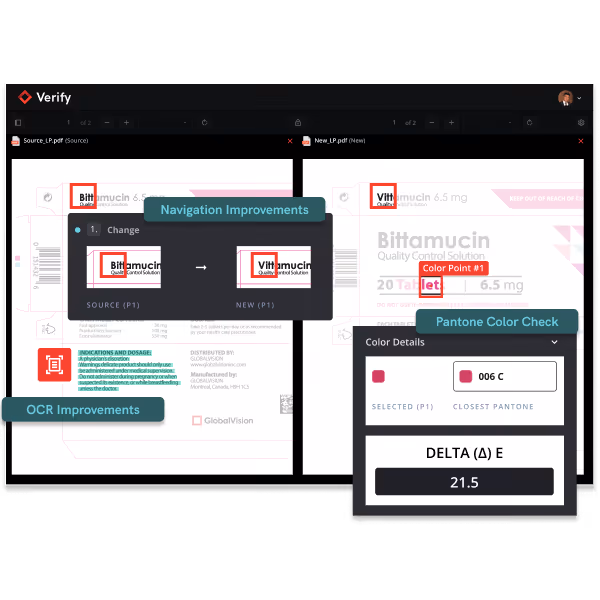Screenshot of a software interface showing a comparison of two PDF documents highlighting navigation and OCR improvements with color point checks and Pantone color delta value 21.5.