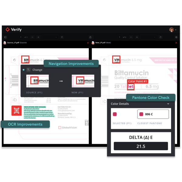 Screenshot of a software interface showing a comparison of two PDF documents highlighting navigation and OCR improvements with color point checks and Pantone color delta value 21.5.
