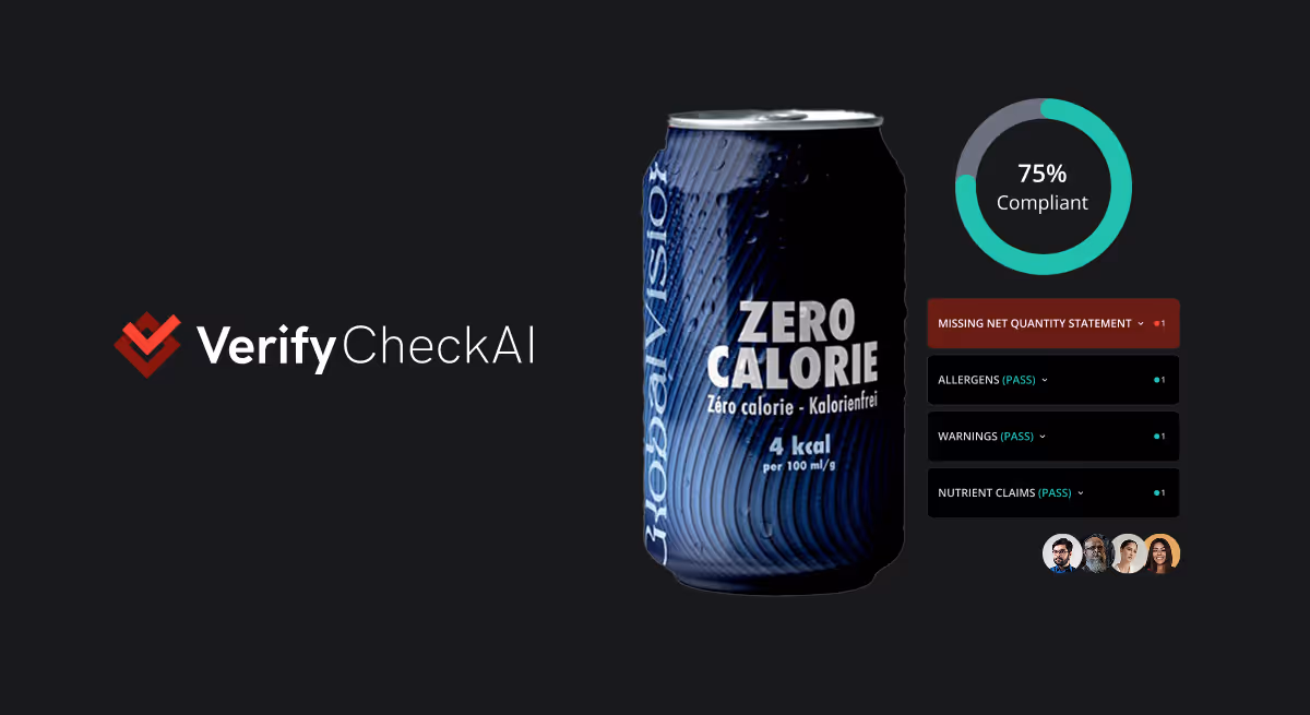 Interface VerifyCheckai affichant une canette de boisson zéro calorie, 75 % de conformité à l'avertissement relatif à la quantité nette manquante et aux allégations relatives aux allergènes, à l'avertissement et aux nutriments ayant été validés.
