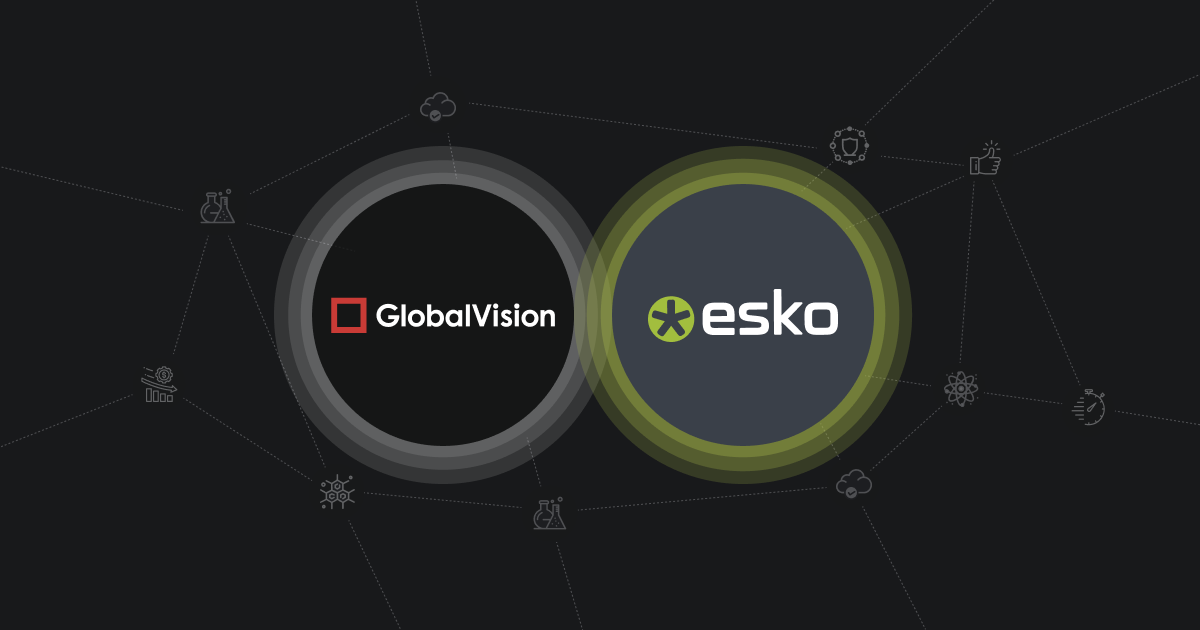 Logos de GlobalVision et Esko se chevauchent à l'intérieur de deux cercles interconnectés sur un fond sombre avec de pâles icônes scientifiques et technologiques.