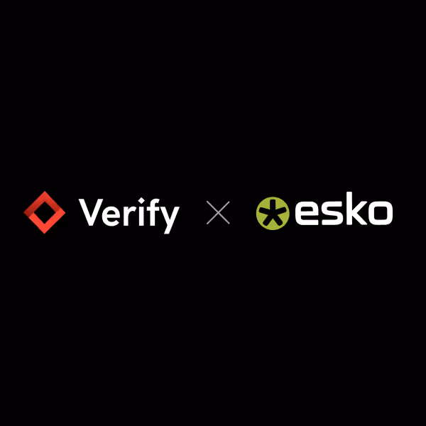 Verify and Esko logos side by side on a black background with a multiplication sign between them.