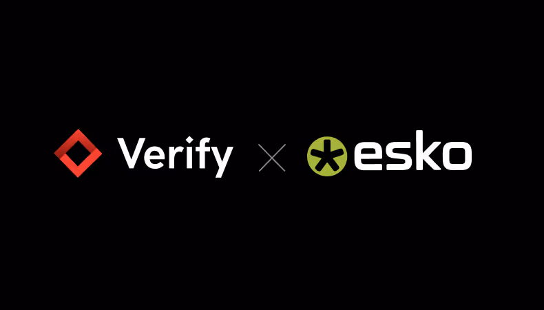 Verify and Esko logos side by side on a black background with a multiplication sign between them.