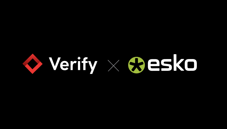 Verify and Esko logos side by side on a black background with a multiplication sign between them.