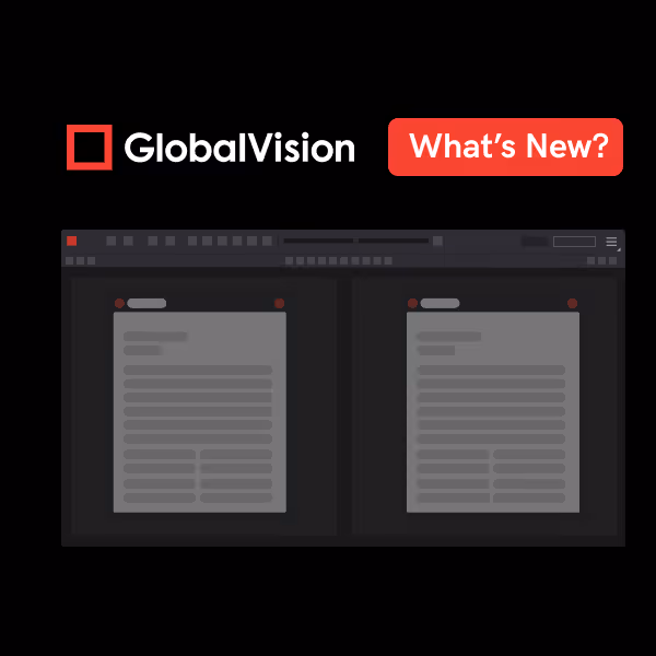 GlobalVision logo with a red square and white text next to a red button labeled 'What’s New?' above two dark interface panels.