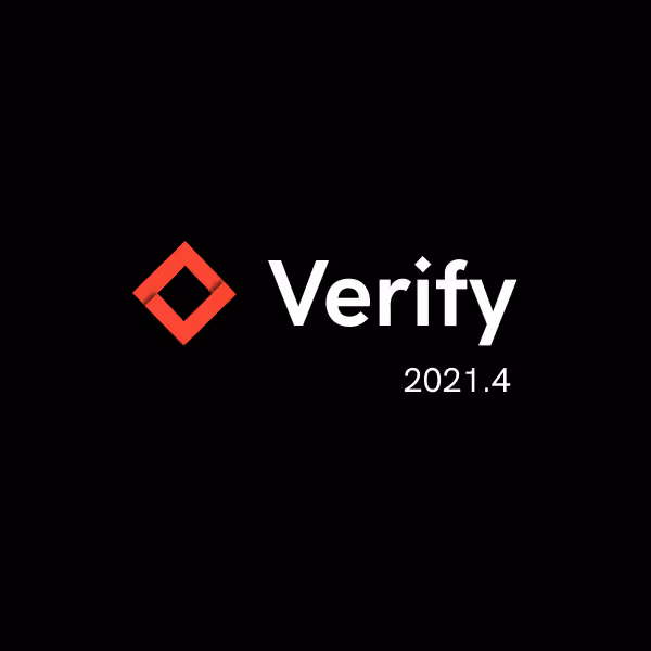 Verify logo with a red diamond shape and the text 'Verify' and '2021.4' on a black background.