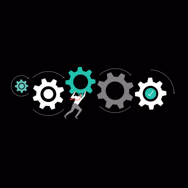 Illustration of a person pushing a green gear among a series of interconnected white and gray gears with circular arrows indicating workflow steps.