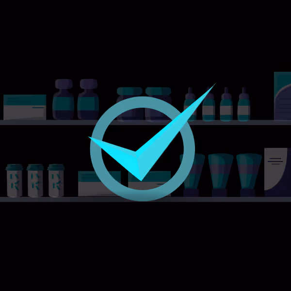 Illustration of pharmacy shelves stocked with various medicine boxes, bottles, tubes, and pill containers.