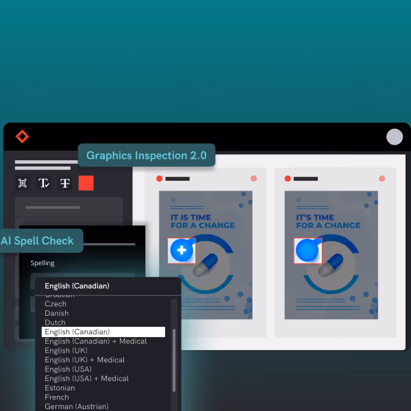 Software interface showing Graphics Inspection 2.0 with side-by-side comparison of two similar graphics and an AI spell check dropdown menu highlighting English (Canadian).