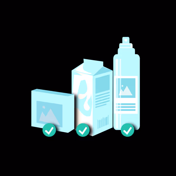 Illustration of three packaged products: a box, a carton, and a spray bottle, each marked with a green check mark.
