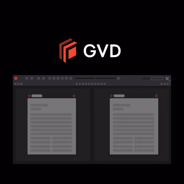 GVD logo above a dark-themed interface displaying two side-by-side document windows with gray text lines.