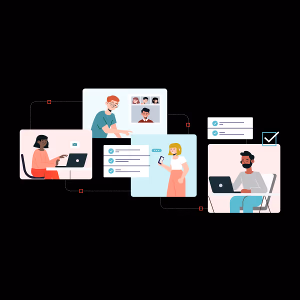 Illustration of four diverse people working remotely using laptops, video calls, smartphones, and task checklists connected in a network.