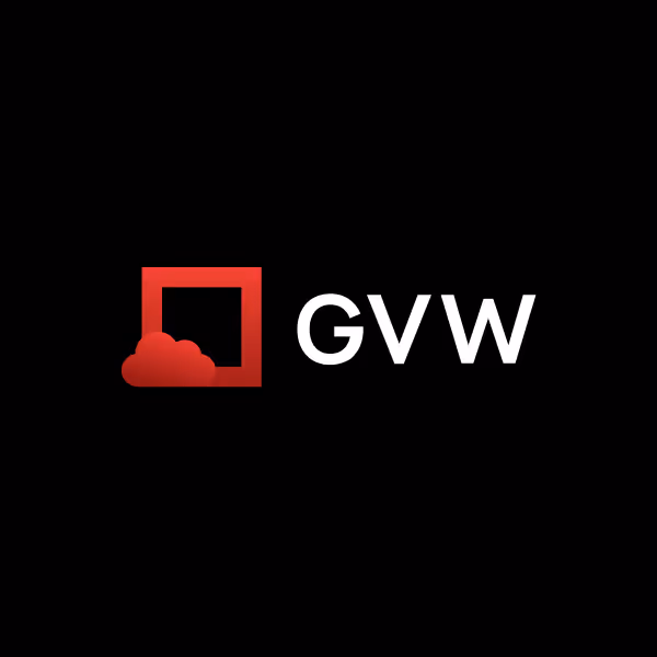 Red cloud partially covering a red square next to white text GVW on a black background.