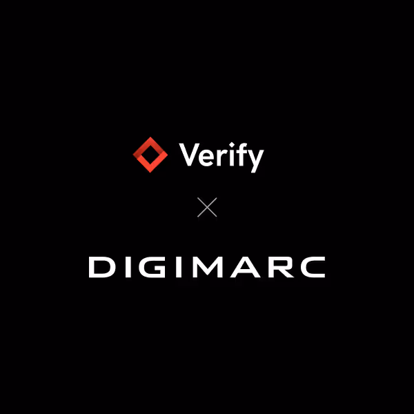 Red diamond icon followed by the word 'Verify' next to a multiplication symbol and the word 'DIGIMARC' on a black background.