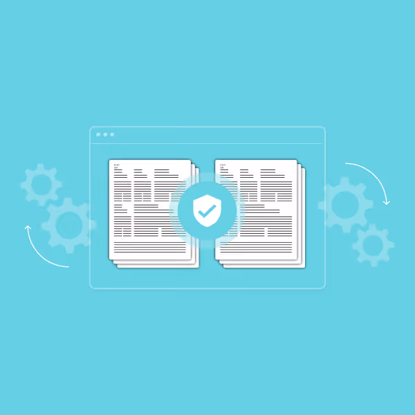 Digital illustration of two stacks of documents with a shield and checkmark symbol between them, surrounded by rotating gear icons and arrows, representing data integrity.