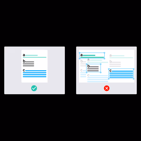 Side-by-side comparison showing a correctly formatted document with a checkmark and a scattered, misaligned document with overlapping text boxes and a red X.